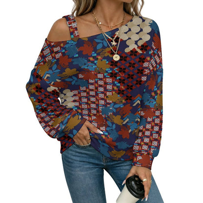 Off-the-shoulder Sweater Exotic Ethnic Pattern  Asymmetric Cold Shoulder Knit Sweater for Women, Adjustable Buckle Strap Long Sleeve Casual Slouchy Pullover