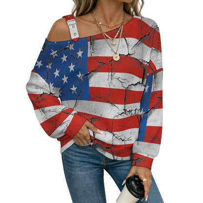 Women’s Off-Shoulder Knit Sweater American Flag, Damage, History