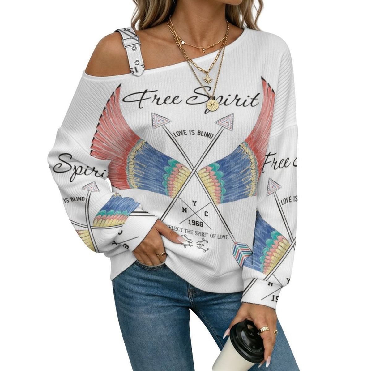 Off-the-shoulder Sweater Wing  Asymmetric Cold Shoulder Knit Sweater for Women, Adjustable Buckle Strap Long Sleeve Casual Slouchy Pullover