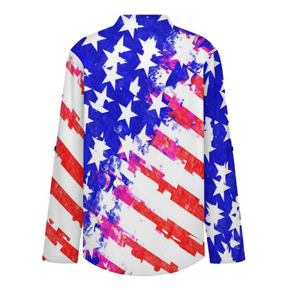 Stand-up Collar Long-sleeved Shirt Blue And Red,United States  Customization Women’s V-Neck Blouses,long Sleeve,Roll-Up Sleeve Shirt