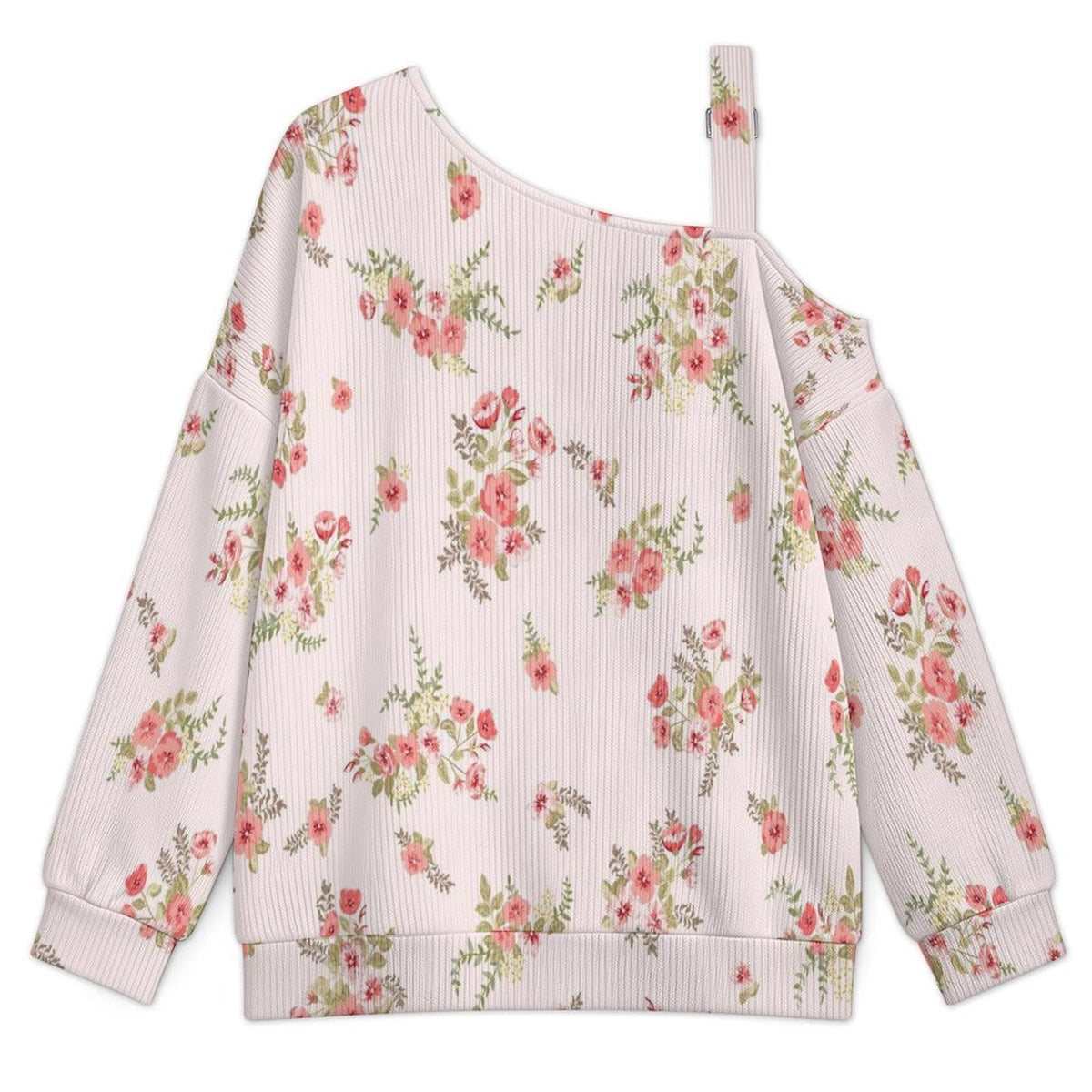 Off-the-shoulder Sweater Floral Pattern  Asymmetric Cold Shoulder Knit Sweater for Women, Adjustable Buckle Strap Long Sleeve Casual Slouchy Pullover