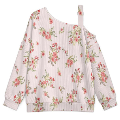 Off-the-shoulder Sweater Floral Pattern  Asymmetric Cold Shoulder Knit Sweater for Women, Adjustable Buckle Strap Long Sleeve Casual Slouchy Pullover
