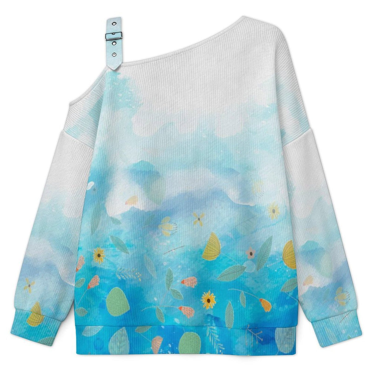 Off-the-shoulder Sweater Gradient. Flowers And Leaves,blue  Asymmetric Cold Shoulder Knit Sweater for Women, Adjustable Buckle Strap Long Sleeve Casual Slouchy Pullover