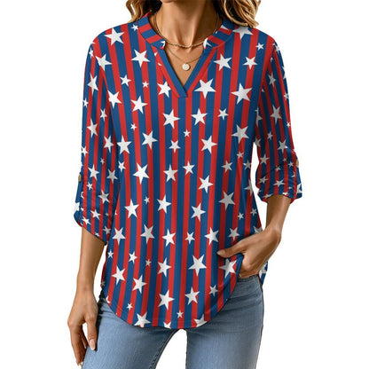 American Flag Roll Tab 3/4 Sleeve Notched V Neck Tunic Blouse