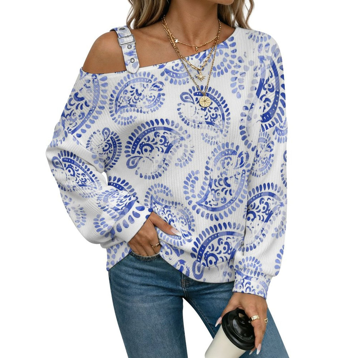Off-the-shoulder Sweater Blue Paisley Pattern  Asymmetric Cold Shoulder Knit Sweater for Women, Adjustable Buckle Strap Long Sleeve Casual Slouchy Pullover