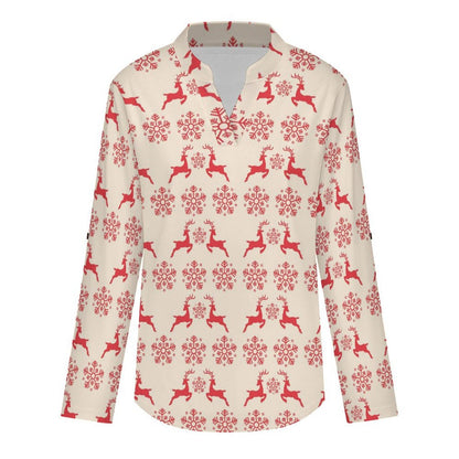 Women's Notched V Neck Tunic Tops, Roll Up 3/4 Sleeve Button Cuff Casual Blouse, Hem Loose Work Shirts  Christmas-snowflake-reindeer-red-tiled-repeat