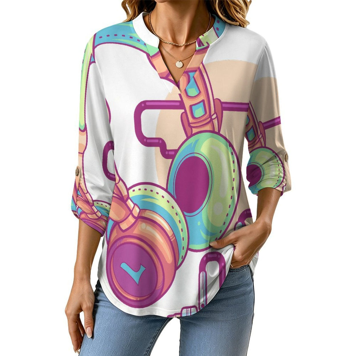 Stand-up Collar Long-sleeved Shirt Headphones, Music  Customization Women’s V-Neck Blouses,long Sleeve,Roll-Up Sleeve Shirt