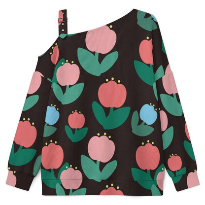Off-the-shoulder Sweater Tulip-flower-pattern-black  Asymmetric Cold Shoulder Knit Sweater for Women, Adjustable Buckle Strap Long Sleeve Casual Slouchy Pullover