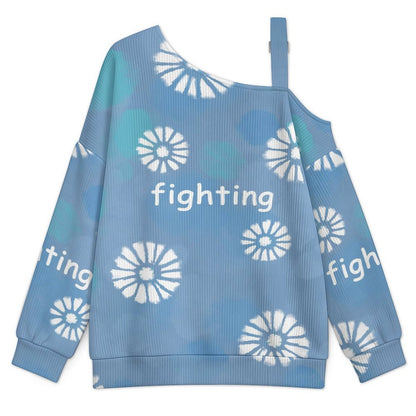 Off-the-shoulder Sweater Tie-dyed Blue Daisy  Asymmetric Cold Shoulder Knit Sweater for Women, Adjustable Buckle Strap Long Sleeve Casual Slouchy Pullover