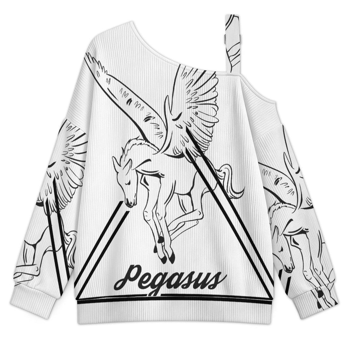 Off-the-shoulder Sweater Pegasus-Line-Triangle-Simple-Black  Asymmetric Cold Shoulder Knit Sweater for Women, Adjustable Buckle Strap Long Sleeve Casual Slouchy Pullover