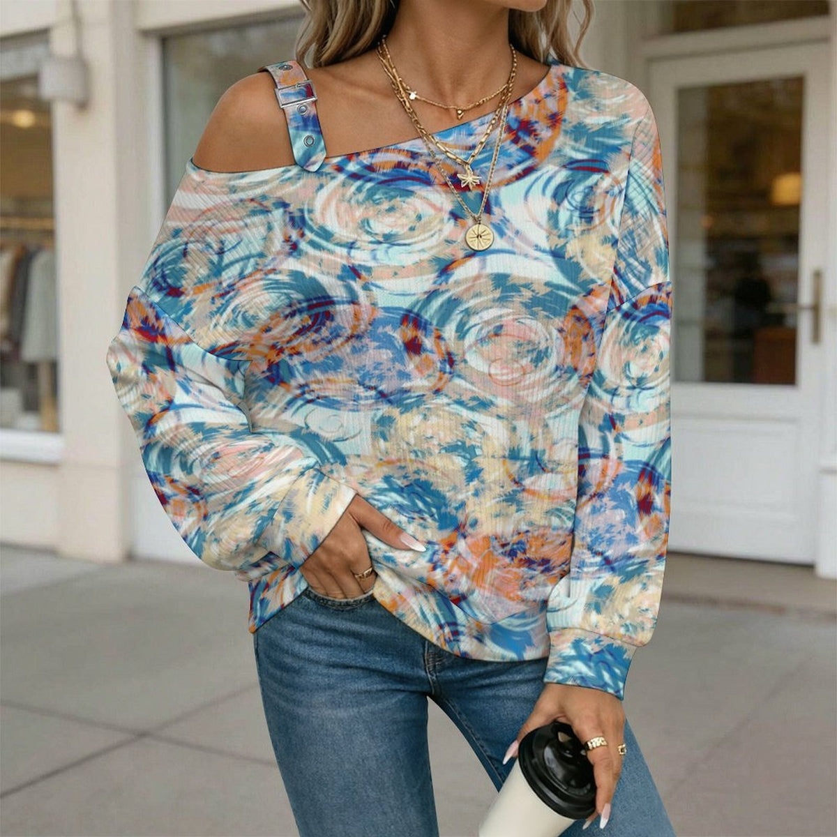 Off-the-shoulder Sweater Exotic Ethnic Pattern  Asymmetric Cold Shoulder Knit Sweater for Women, Adjustable Buckle Strap Long Sleeve Casual Slouchy Pullover