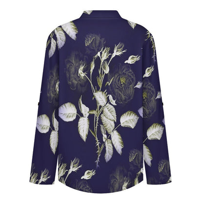 Stand-up Collar Long-sleeved Shirt Purple, Flowers, Patterns  Customization Women’s V-Neck Blouses,long Sleeve,Roll-Up Sleeve Shirt