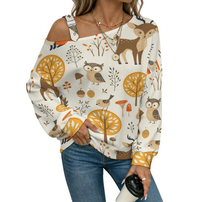 Off-the-shoulder Sweater Cartoon Animals  Asymmetric Cold Shoulder Knit Sweater for Women, Adjustable Buckle Strap Long Sleeve Casual Slouchy Pullover