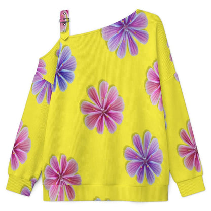 Off-the-shoulder Sweater Yellow Background, Purple Flowers  Asymmetric Cold Shoulder Knit Sweater for Women, Adjustable Buckle Strap Long Sleeve Casual Slouchy Pullover
