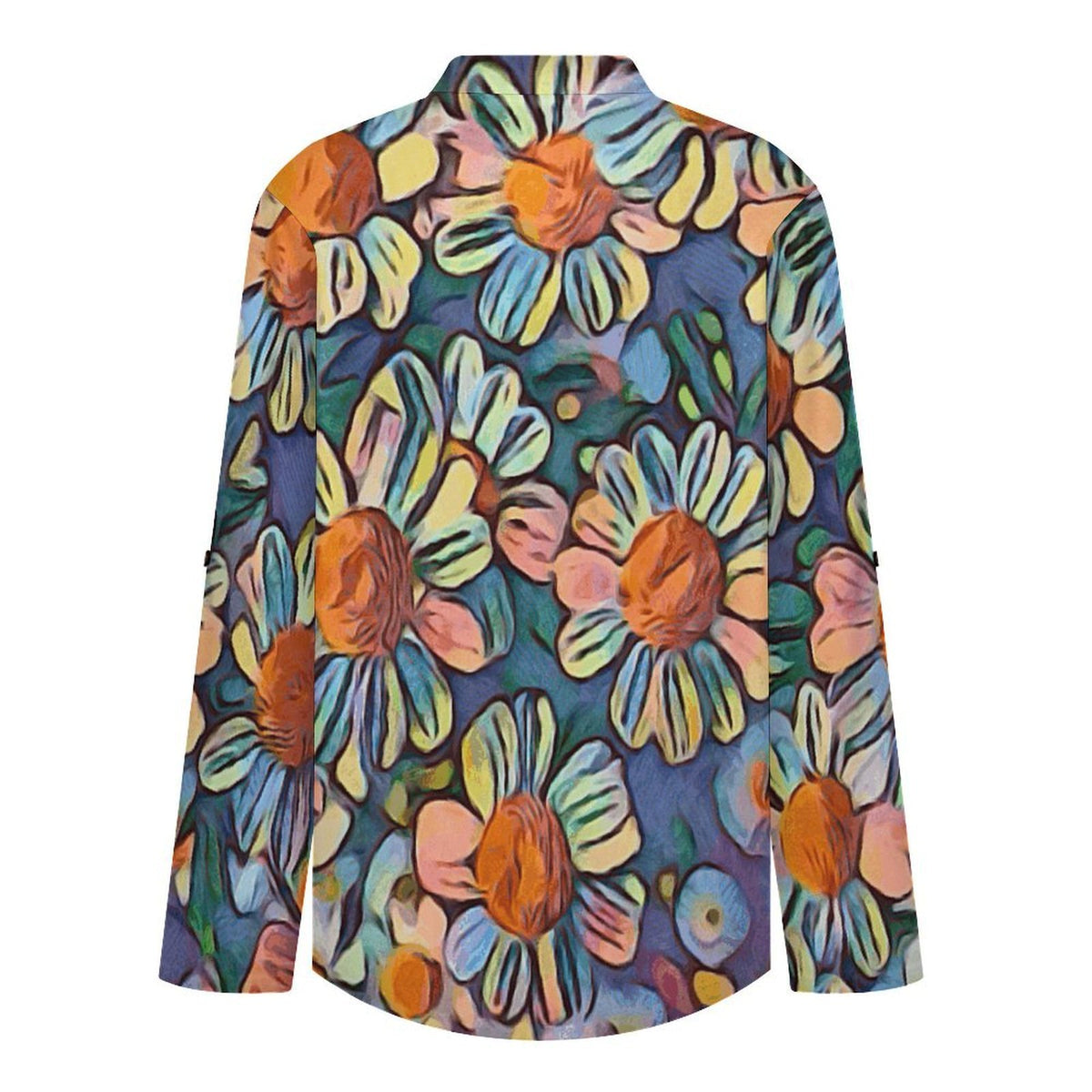 Stand-up Collar Long-sleeved Shirt Oil Painting, Flowers, Sunflowers  Customization Women’s V-Neck Blouses,long Sleeve,Roll-Up Sleeve Shirt