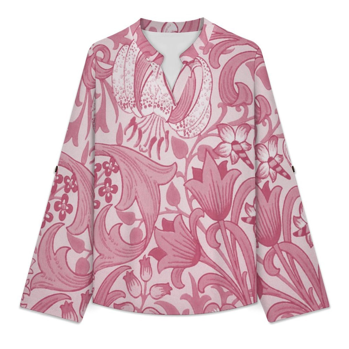 Stand-up Collar Long-sleeved Shirt Pink Pattern  Customization Women’s V-Neck Blouses,long Sleeve,Roll-Up Sleeve Shirt