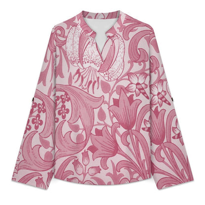 Stand-up Collar Long-sleeved Shirt Pink Pattern  Customization Women’s V-Neck Blouses,long Sleeve,Roll-Up Sleeve Shirt