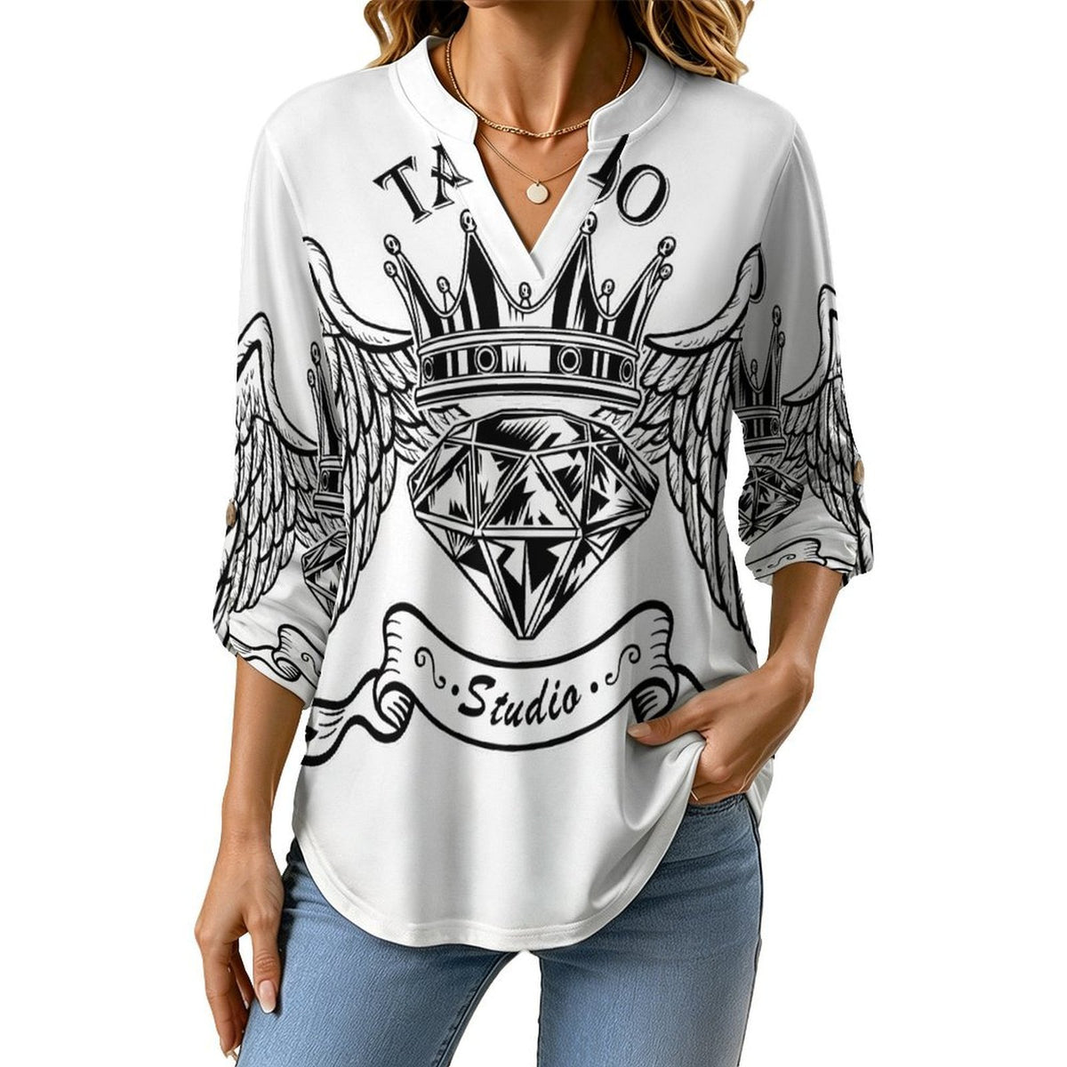 Stand-up Collar Long-sleeved Shirt Diamonds, Wings  Customization Women’s V-Neck Blouses,long Sleeve,Roll-Up Sleeve Shirt