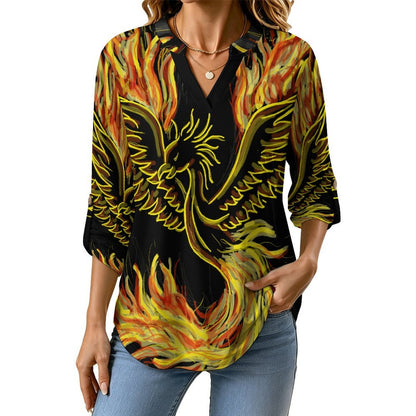 Stand-up Collar Long-sleeved Shirt Fire, Gold, Birds  Customization Women’s V-Neck Blouses,long Sleeve,Roll-Up Sleeve Shirt