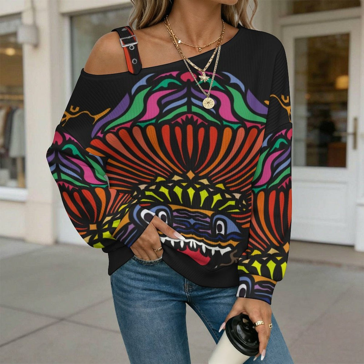 Off-the-shoulder Sweater Abstract Animal Pattern  Asymmetric Cold Shoulder Knit Sweater for Women, Adjustable Buckle Strap Long Sleeve Casual Slouchy Pullover