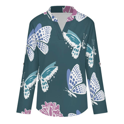 Stand-up Collar Long-sleeved Shirt Butterfly, Print  Women’s V-Neck Blouses
