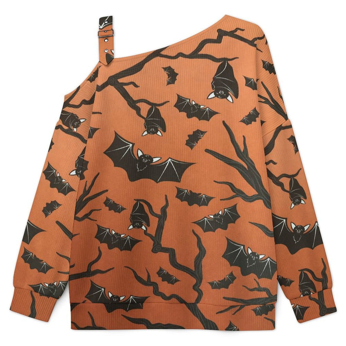 Brown, Bat, Background Fall Casual Asymmetric Shoulder Knit Top with Buckle Detail