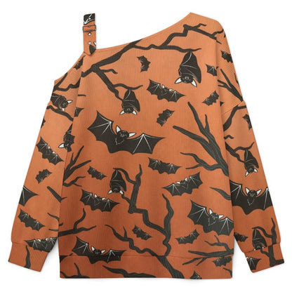 Brown, Bat, Background Fall Casual Asymmetric Shoulder Knit Top with Buckle Detail