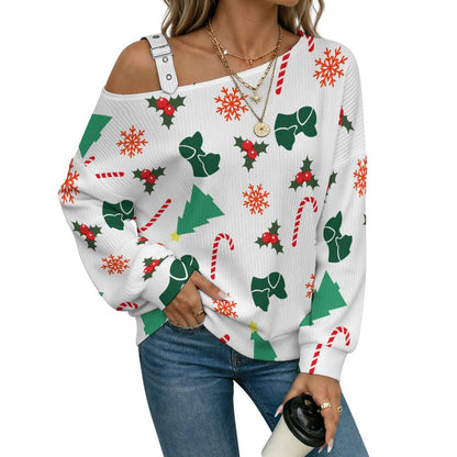 Off-the-shoulder Sweater Christmas Tree Dog Cat Candy Cane Snowflake Leaves  Asymmetric Cold Shoulder Knit Sweater for Women, Adjustable Buckle Strap Long Sleeve Casual Slouchy Pullover