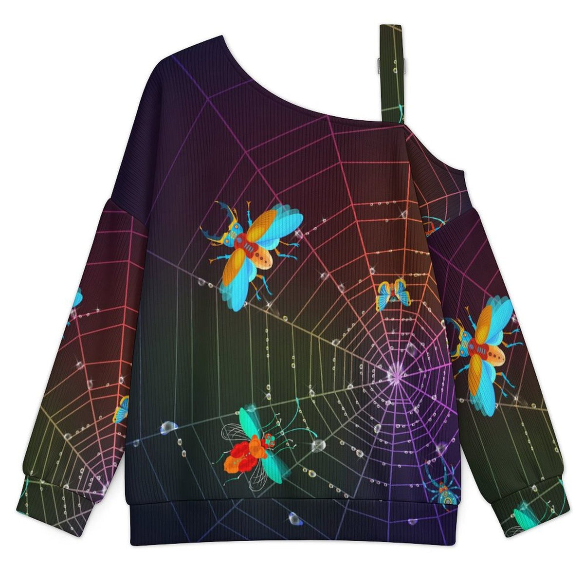 Off-the-shoulder Sweater Glowing Insects, Spider Webs  Asymmetric Cold Shoulder Knit Sweater for Women, Adjustable Buckle Strap Long Sleeve Casual Slouchy Pullover