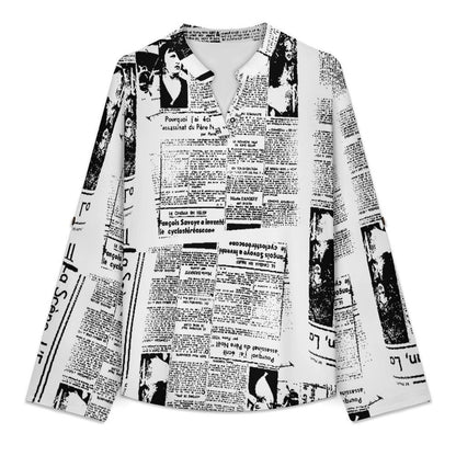 Stand-up Collar Long-sleeved Shirt Newspaper Vintage Dress  Customization Women’s V-Neck Blouses,long Sleeve,Roll-Up Sleeve Shirt