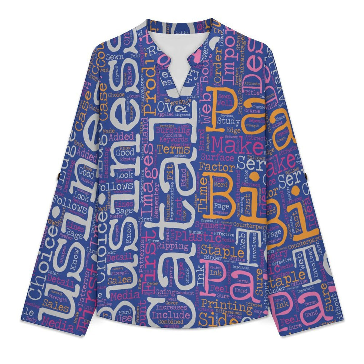 Stand-up Collar Long-sleeved Shirt English Newspaper  Customization Women’s V-Neck Blouses,long Sleeve,Roll-Up Sleeve Shirt