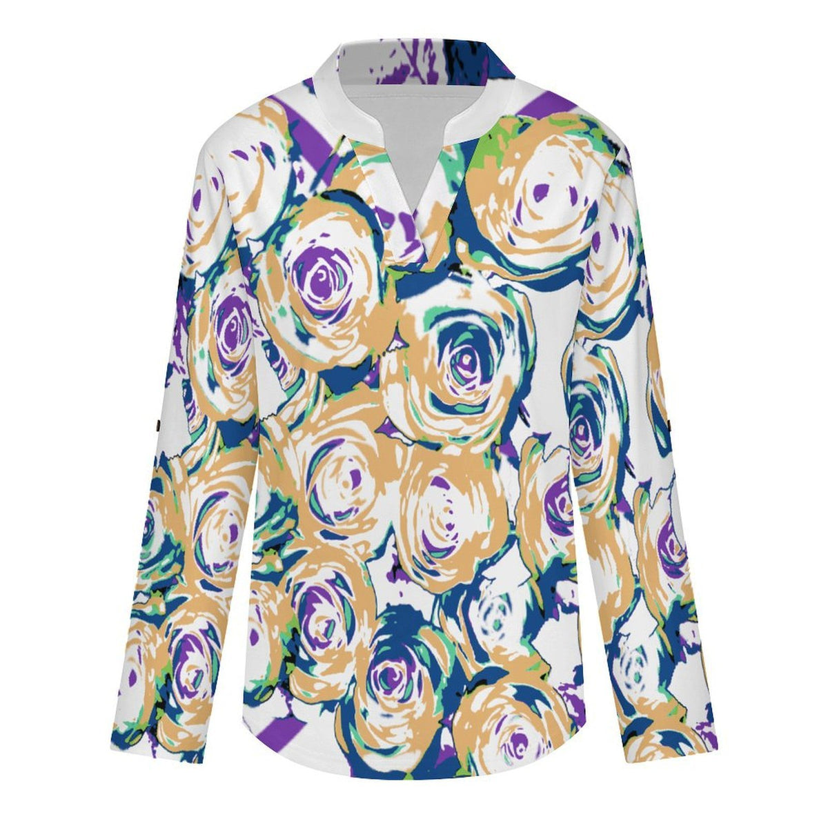 Stand-up Collar Long-sleeved Shirt Vintage Rose Pattern  Customization Women’s V-Neck Blouses,long Sleeve,Roll-Up Sleeve Shirt