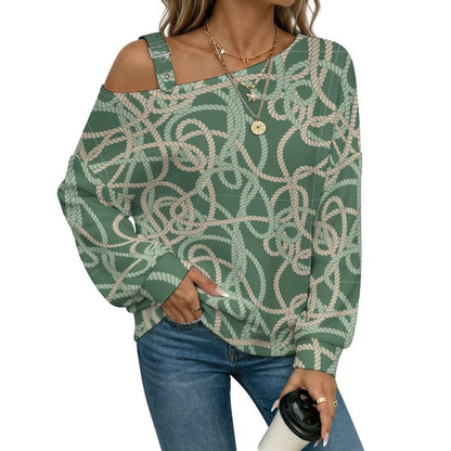 Off-the-shoulder Sweater Rope Pattern  Asymmetric Cold Shoulder Knit Sweater for Women, Adjustable Buckle Strap Long Sleeve Casual Slouchy Pullover