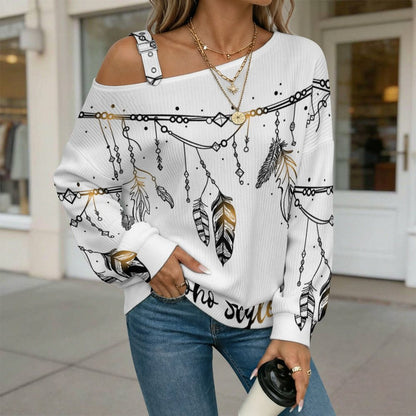 Off-the-shoulder Sweater Boho Style  Asymmetric Cold Shoulder Knit Sweater for Women, Adjustable Buckle Strap Long Sleeve Casual Slouchy Pullover