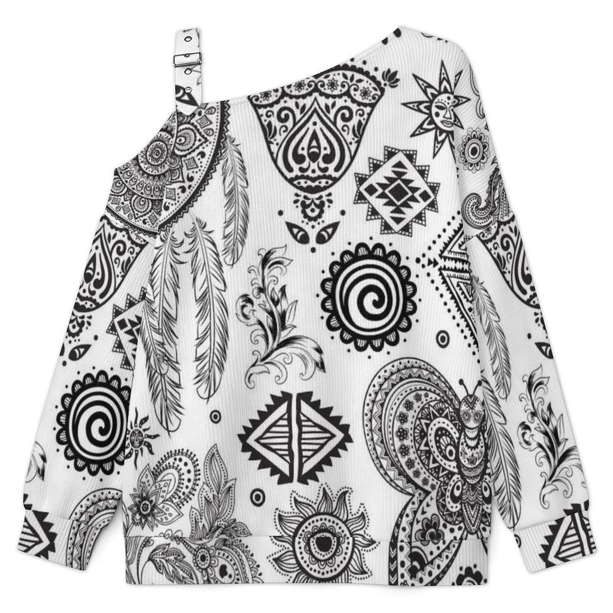 Off-the-shoulder Sweater Indian Decoration  Asymmetric Cold Shoulder Knit Sweater for Women, Adjustable Buckle Strap Long Sleeve Casual Slouchy Pullover
