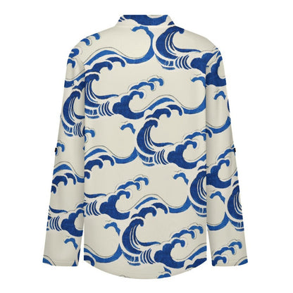 Stand-up Collar Long-sleeved Shirt Retro Wave Background  Customization Women’s V-Neck Blouses,long Sleeve,Roll-Up Sleeve Shirt
