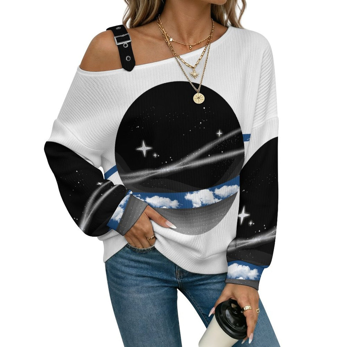 Off-the-shoulder Sweater Planet-cloud-starry Sky-blue-black  Asymmetric Cold Shoulder Knit Sweater for Women, Adjustable Buckle Strap Long Sleeve Casual Slouchy Pullover