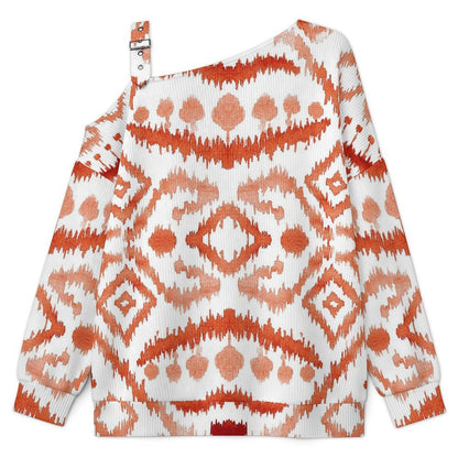 Off-the-shoulder Sweater European Retro Pattern  Asymmetric Cold Shoulder Knit Sweater for Women, Adjustable Buckle Strap Long Sleeve Casual Slouchy Pullover