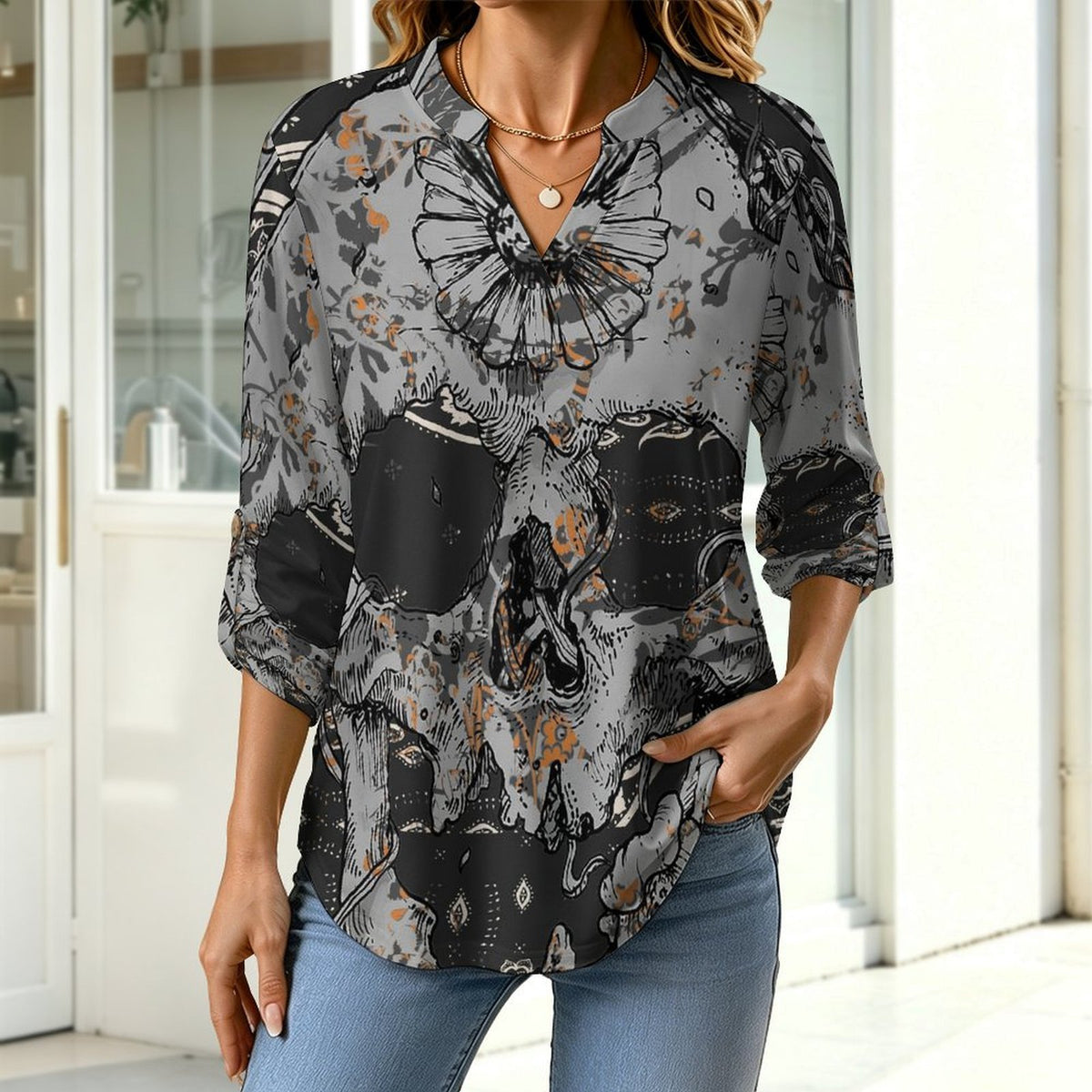 Stand-up Collar Long-sleeved Shirt Skul,folk-customl,totem  Customization Women’s V-Neck Blouses,long Sleeve,Roll-Up Sleeve Shirt