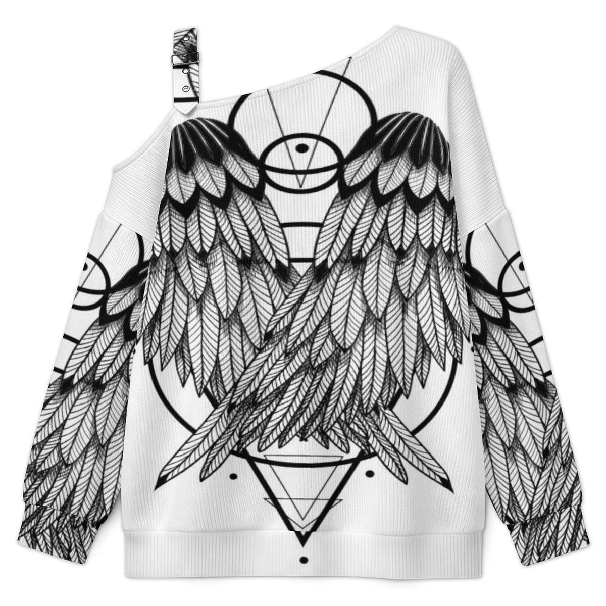 Off-the-shoulder Sweater Wing  Asymmetric Cold Shoulder Knit Sweater for Women, Adjustable Buckle Strap Long Sleeve Casual Slouchy Pullover