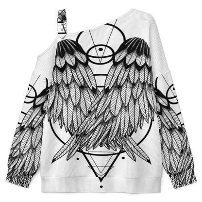 Off-the-shoulder Sweater Wing  Asymmetric Cold Shoulder Knit Sweater for Women, Adjustable Buckle Strap Long Sleeve Casual Slouchy Pullover
