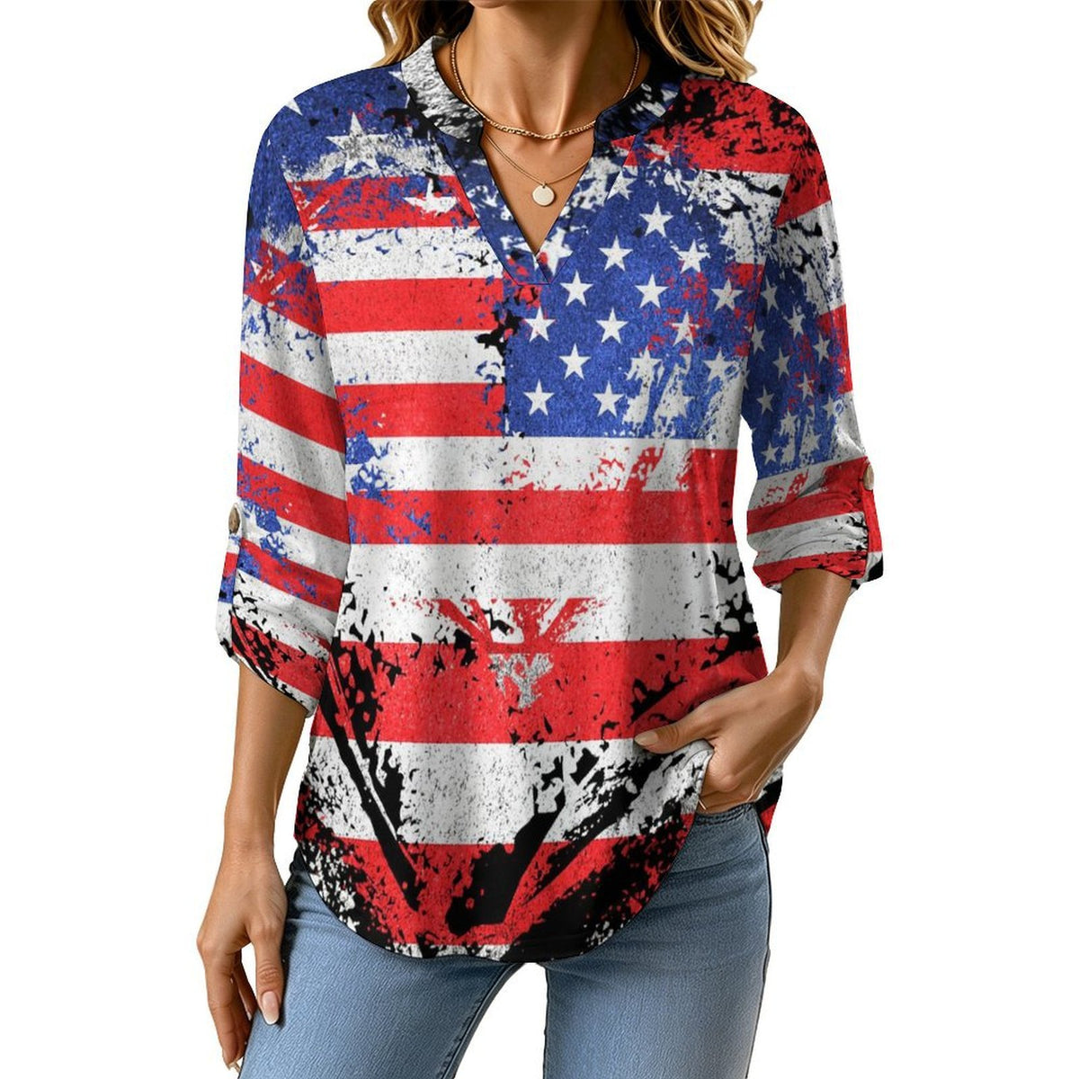 Stand-up Collar Long-sleeved Shirt American Flag Heart  Customization Women’s V-Neck Blouses,long Sleeve,Roll-Up Sleeve Shirt