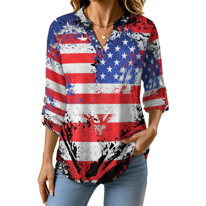 Stand-up Collar Long-sleeved Shirt American Flag Heart  Customization Women’s V-Neck Blouses,long Sleeve,Roll-Up Sleeve Shirt