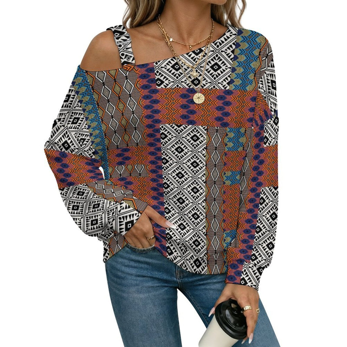 Off-the-shoulder Sweater European Retro Pattern  Asymmetric Cold Shoulder Knit Sweater for Women, Adjustable Buckle Strap Long Sleeve Casual Slouchy Pullover