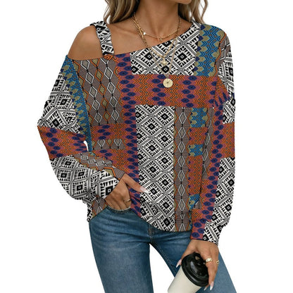 Off-the-shoulder Sweater European Retro Pattern  Asymmetric Cold Shoulder Knit Sweater for Women, Adjustable Buckle Strap Long Sleeve Casual Slouchy Pullover