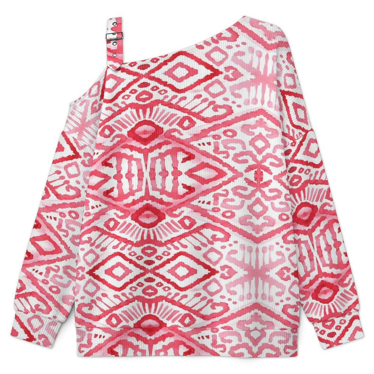 Off-the-shoulder Sweater European Retro Pattern  Asymmetric Cold Shoulder Knit Sweater for Women, Adjustable Buckle Strap Long Sleeve Casual Slouchy Pullover
