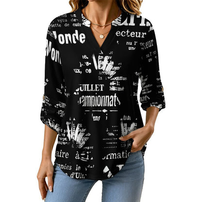 Sunflower Dress Woman  Women Curved Hem V Neck Roll Sleeve Casual Work Top