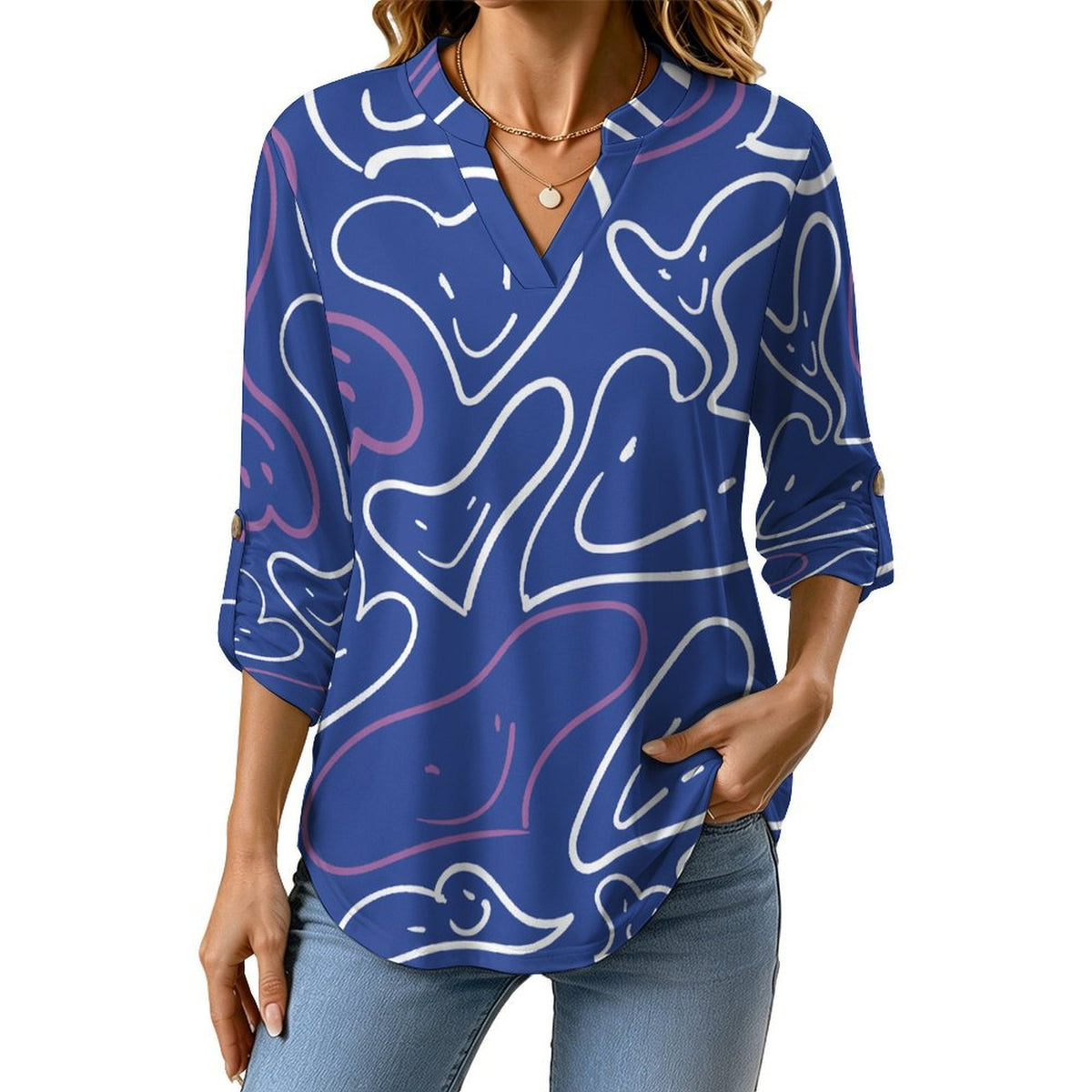 Love Smiley Face Repeat Pattern Roll Tab 3/4 Sleeve Notched V Neck Tunic Blouse