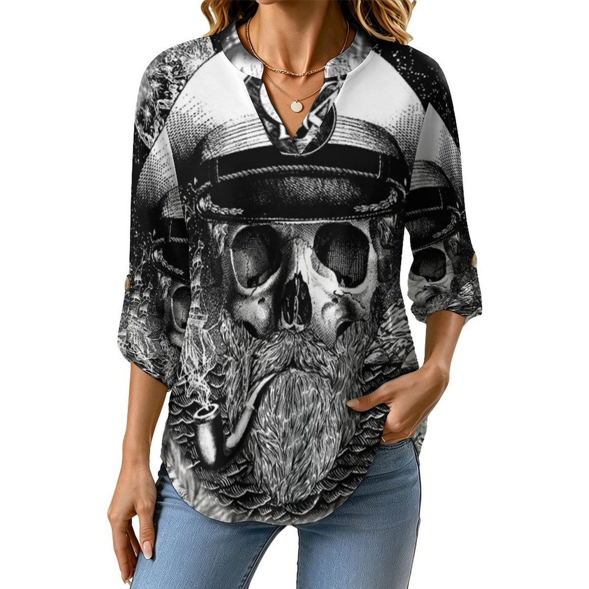 Stand-up Collar Long-sleeved Shirt Pirate Captain Skull  Customization Women’s V-Neck Blouses,long Sleeve,Roll-Up Sleeve Shirt