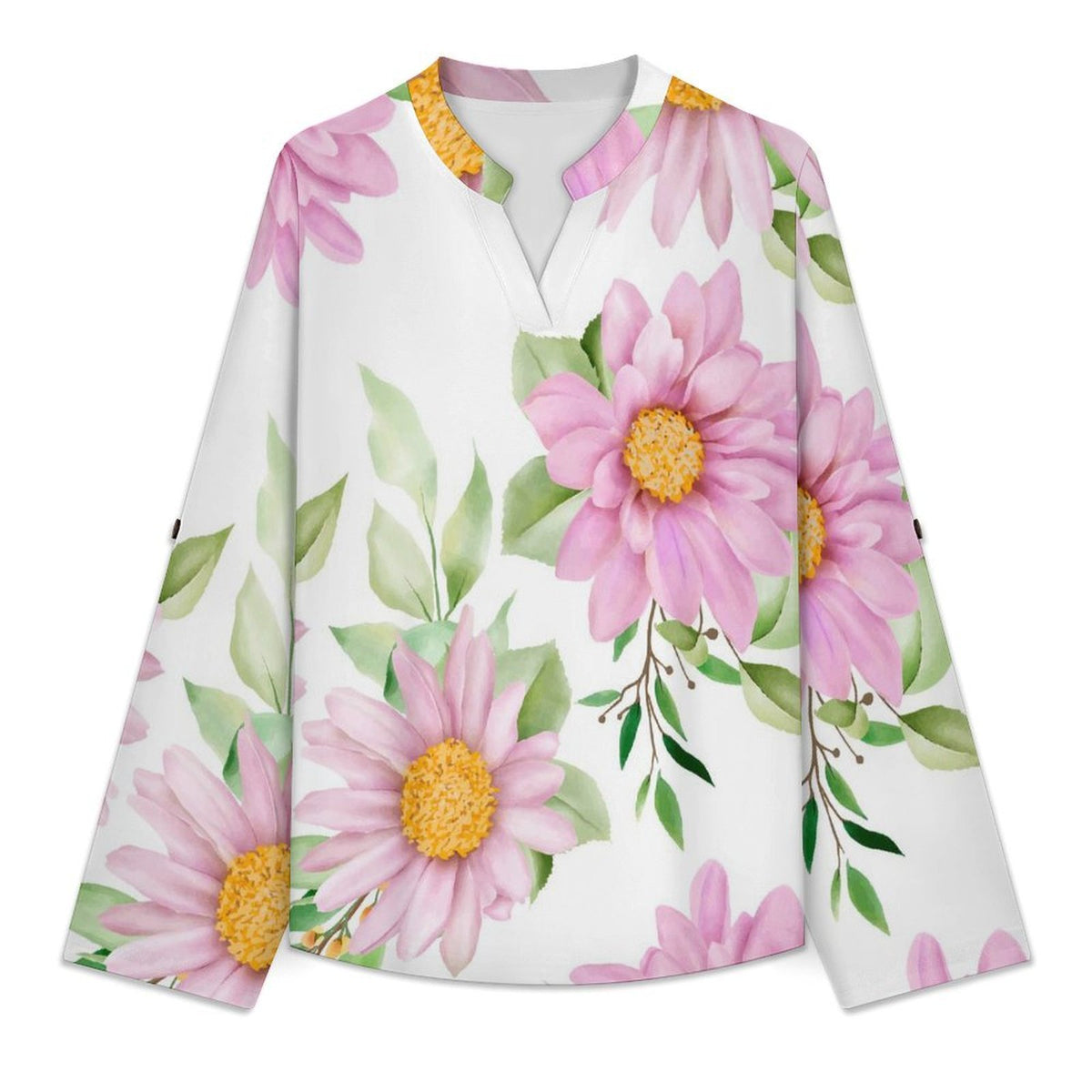 Stand-up Collar Long-sleeved Shirt Pink Flowers, Background  Customization Women’s V-Neck Blouses,long Sleeve,Roll-Up Sleeve Shirt